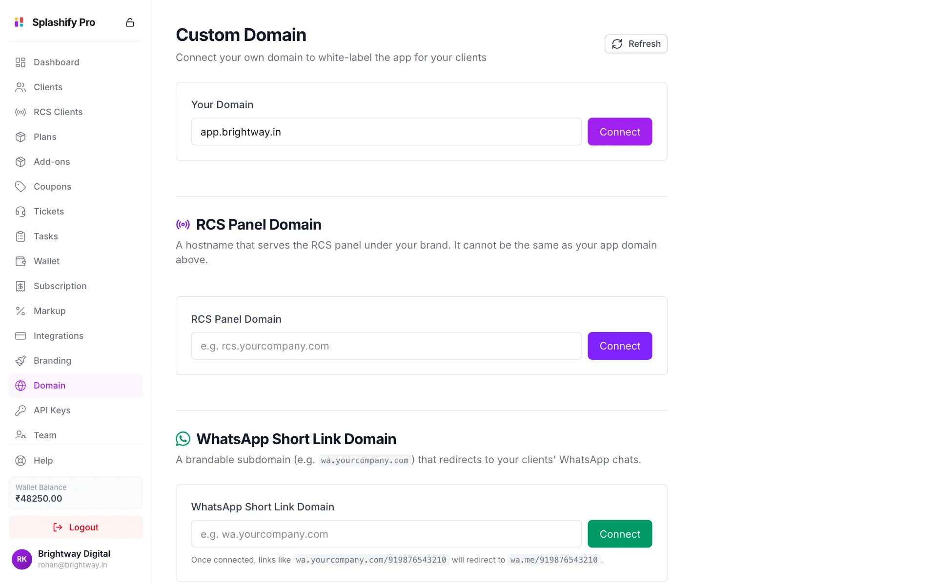 Custom Domain page with app.brightway.in typed under Your Domain and a Connect button, and empty RCS Panel Domain and WhatsApp Short Link Domain sections below