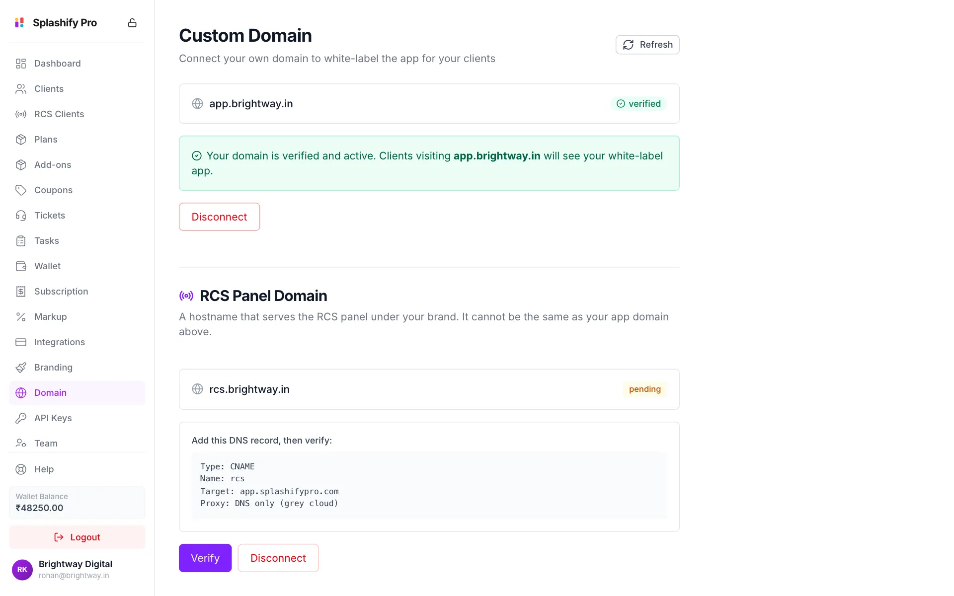 app.brightway.in marked verified with the message Your domain is verified and active, and an RCS Panel Domain rcs.brightway.in still pending with its DNS record
