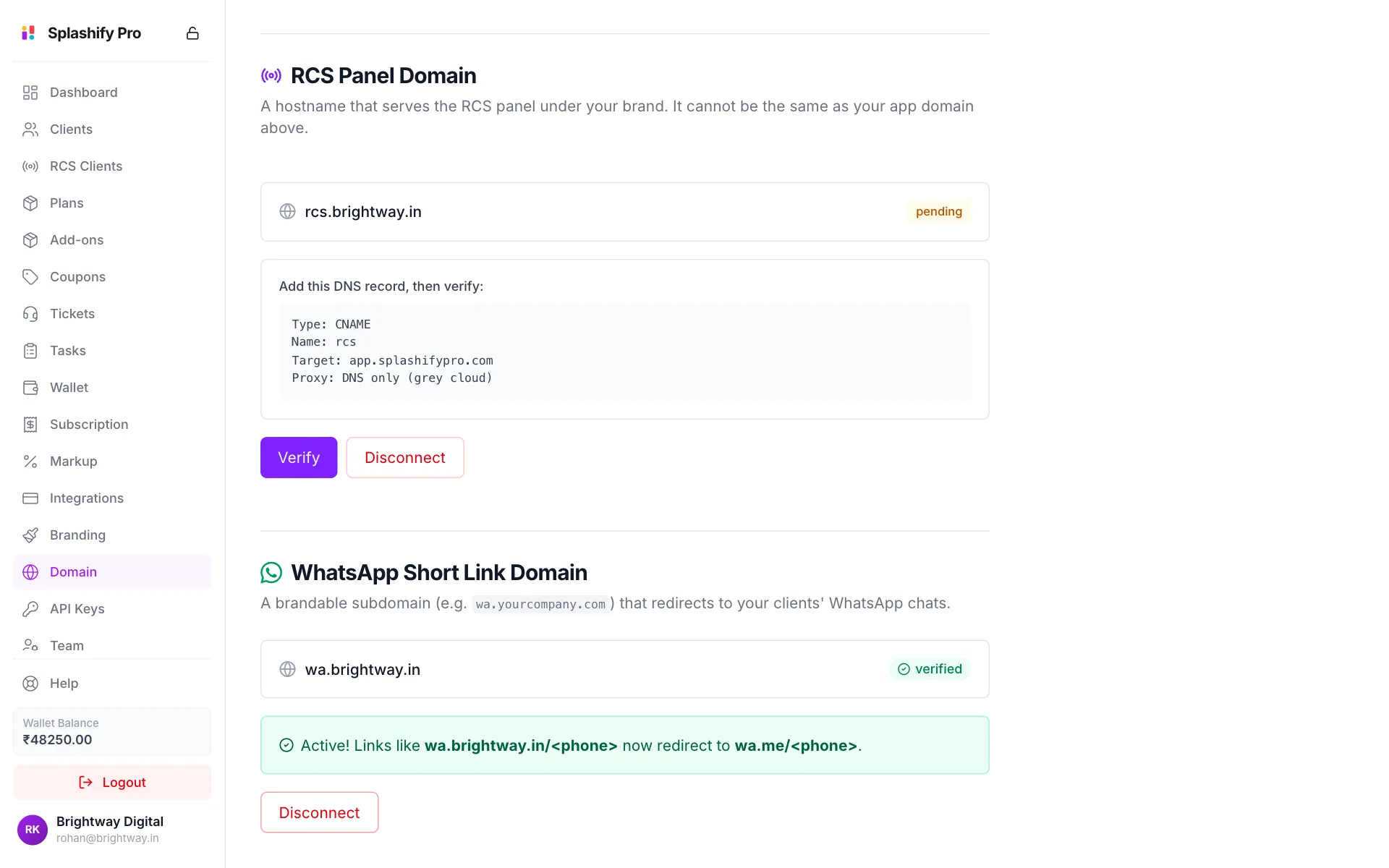 RCS Panel Domain rcs.brightway.in pending with its CNAME record and Verify button, and WhatsApp Short Link Domain wa.brightway.in verified with the message that links now redirect to wa.me