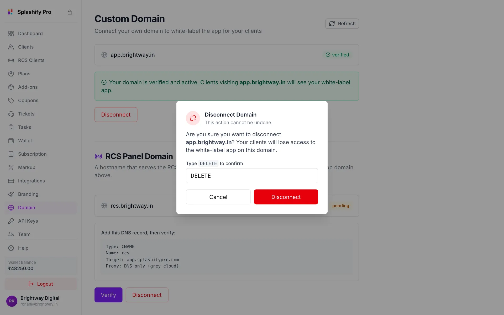 Disconnect Domain box asking to confirm disconnecting app.brightway.in, with DELETE typed and a red Disconnect button