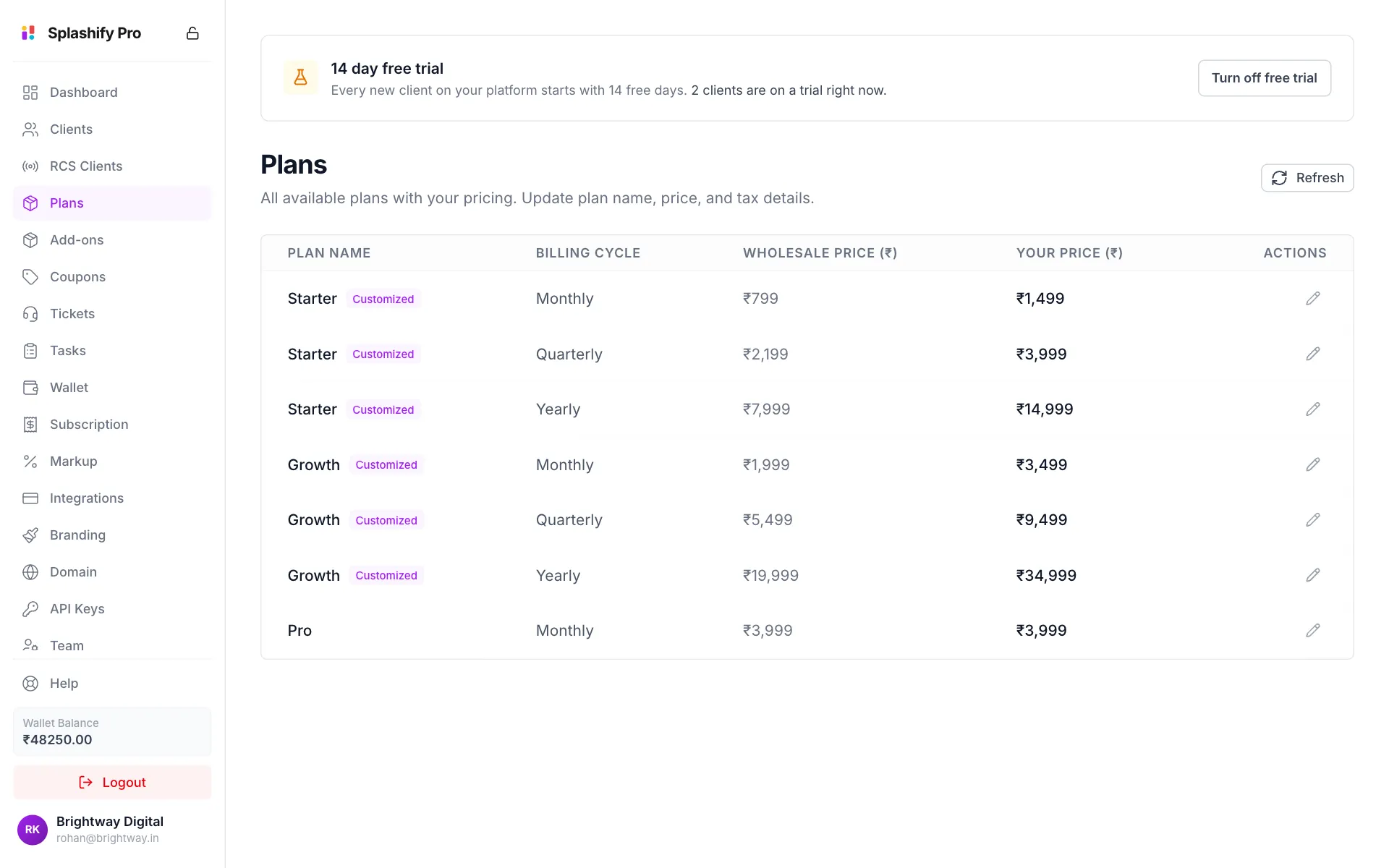 The Plans page with the 7 day free trial card at the top and a table of Starter, Growth and Pro plans with billing cycle, wholesale price, your price and an edit pencil