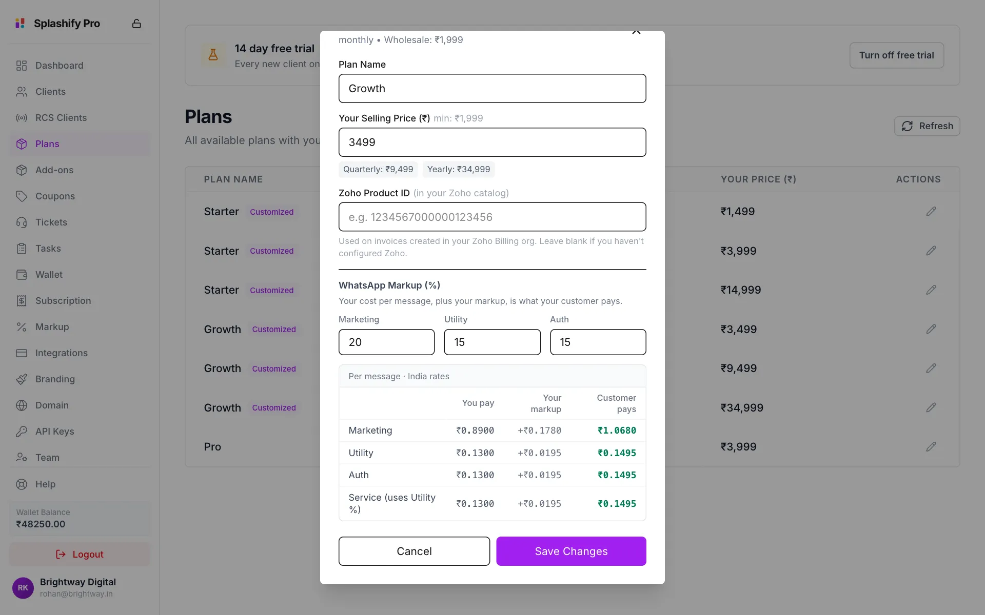Edit Plan box for Growth monthly with selling price 3499, Zoho Product ID, WhatsApp markup 20, 15 and 15 percent, and a table of You pay, Your markup and Customer pays per message