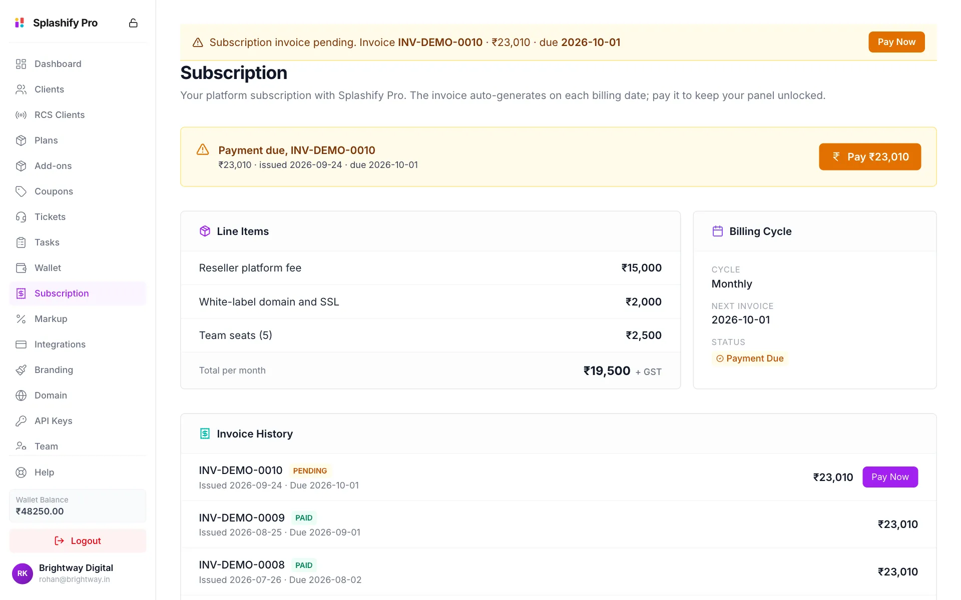 The yellow Subscription invoice pending bar with Pay Now, and a Payment due card for invoice INV-DEMO-0010 with a Pay ₹23,010 button