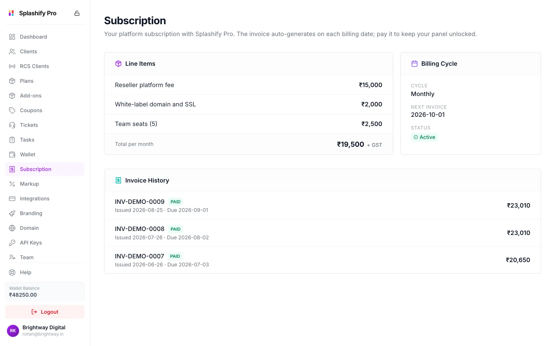 Subscription page with Line Items (Reseller platform fee, White-label domain and SSL, Team seats), Total per month ₹19,500 plus GST, a Billing Cycle card showing Monthly, next invoice date and Active, and an Invoice History of paid invoices