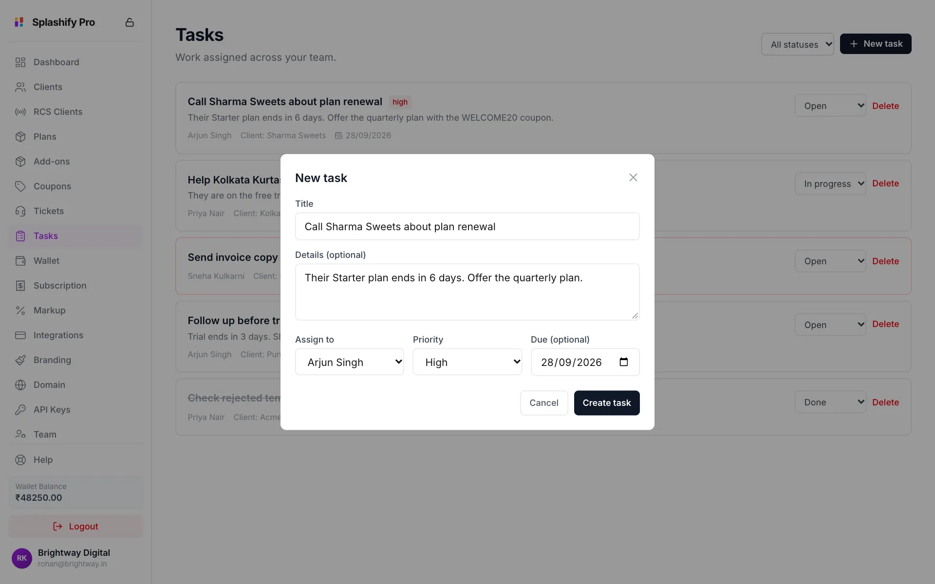 New task box with the title Call Sharma Sweets about plan renewal, details, Arjun Singh in Assign to, High priority and a due date