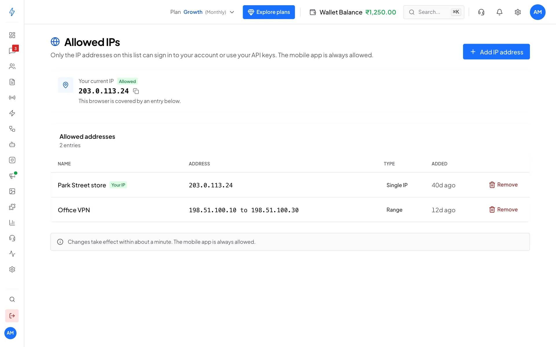 The Allowed IPs page with the current IP marked Allowed and two entries: Park Street store and Office VPN