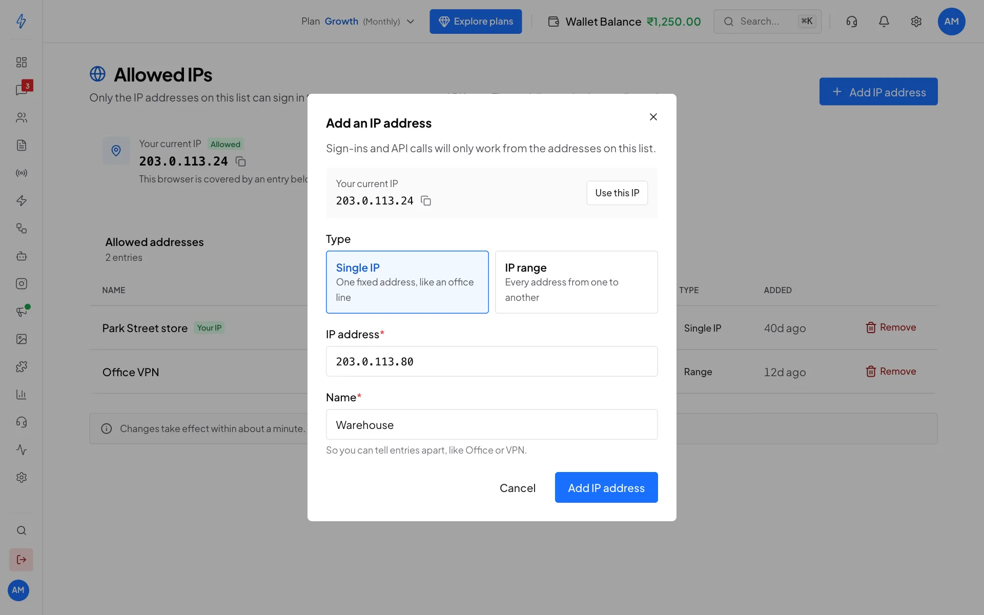 The Add an IP address box with Single IP picked, 203.0.113.80 typed in and the name Warehouse