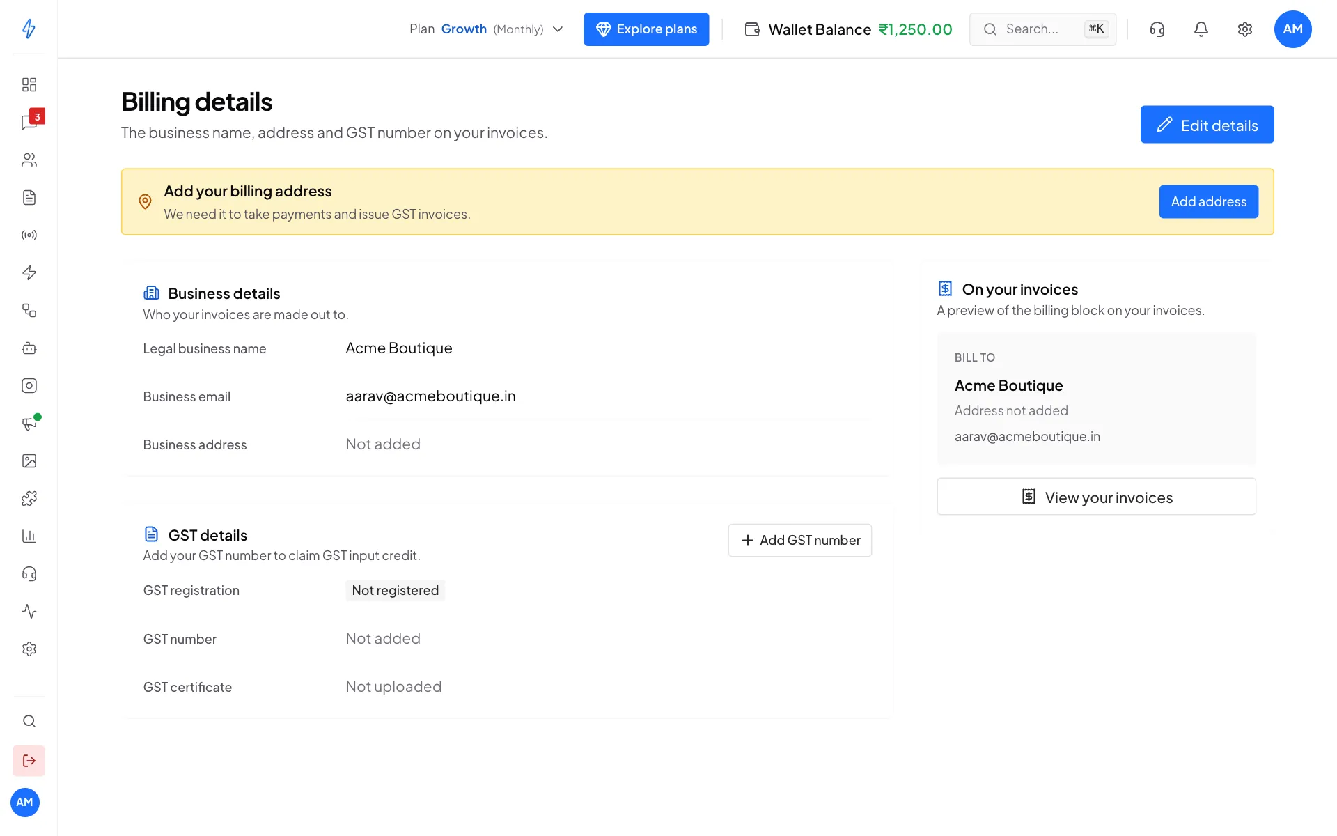 The Billing details page with a yellow Add your billing address box and the Edit details button