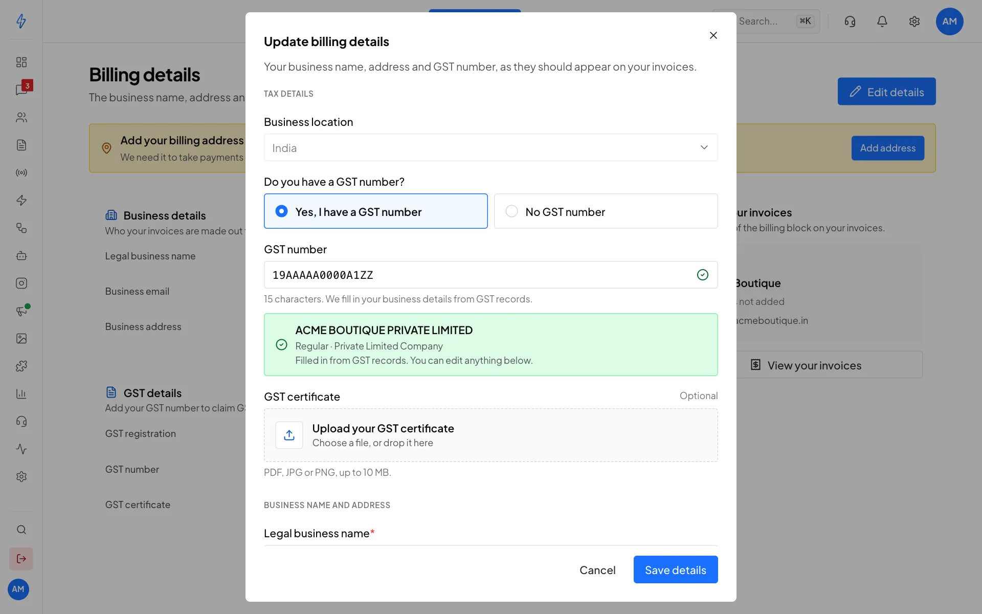 The Update billing details form with a GST number typed in and a green box showing ACME BOUTIQUE PRIVATE LIMITED from GST records