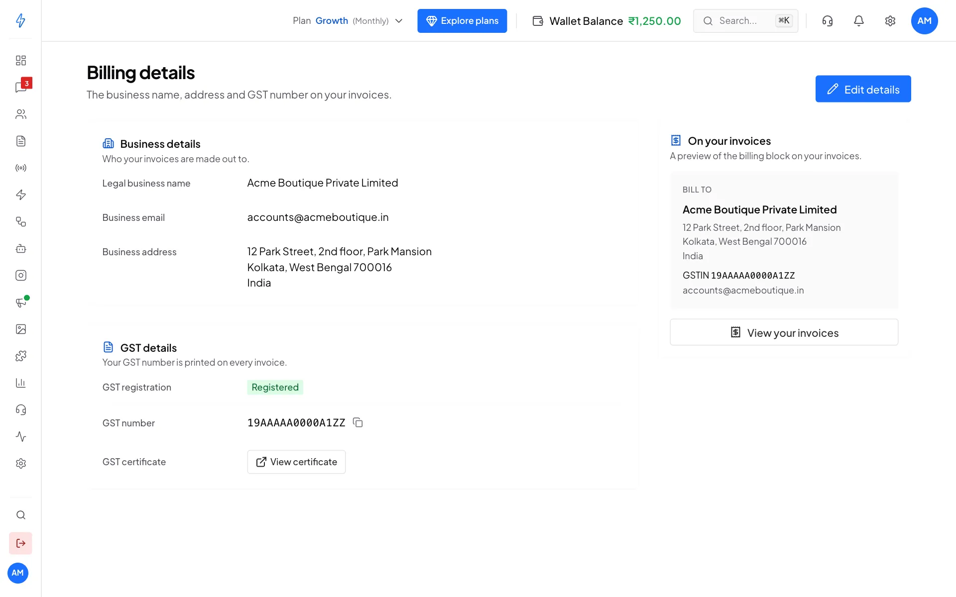 The Billing details page after saving, with business details, GST details and an invoice preview