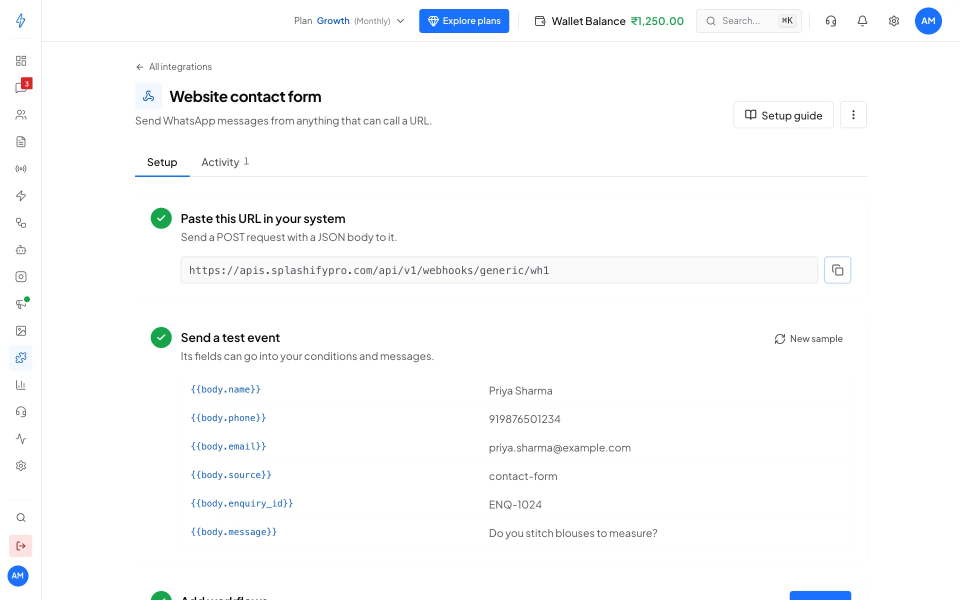 The Website contact form webhook page with the webhook URL, and the test event fields body.name, body.phone, body.email, body.source, body.enquiry_id and body.message with their values