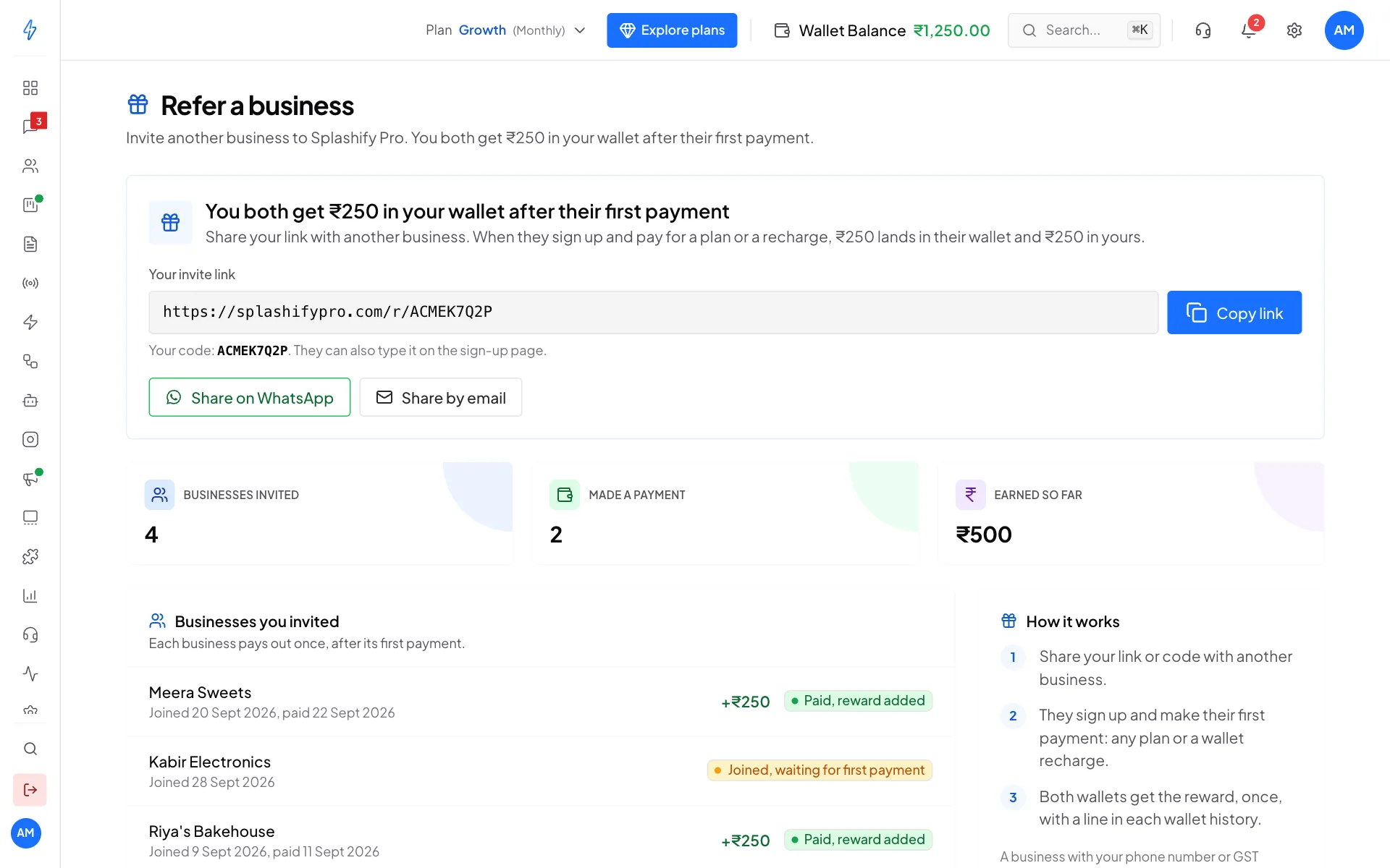 The Refer a business page with the invite link splashifypro.com/r/ACMEK7Q2P, Copy link, Share on WhatsApp and Share by email, four invited businesses and ₹500 earned