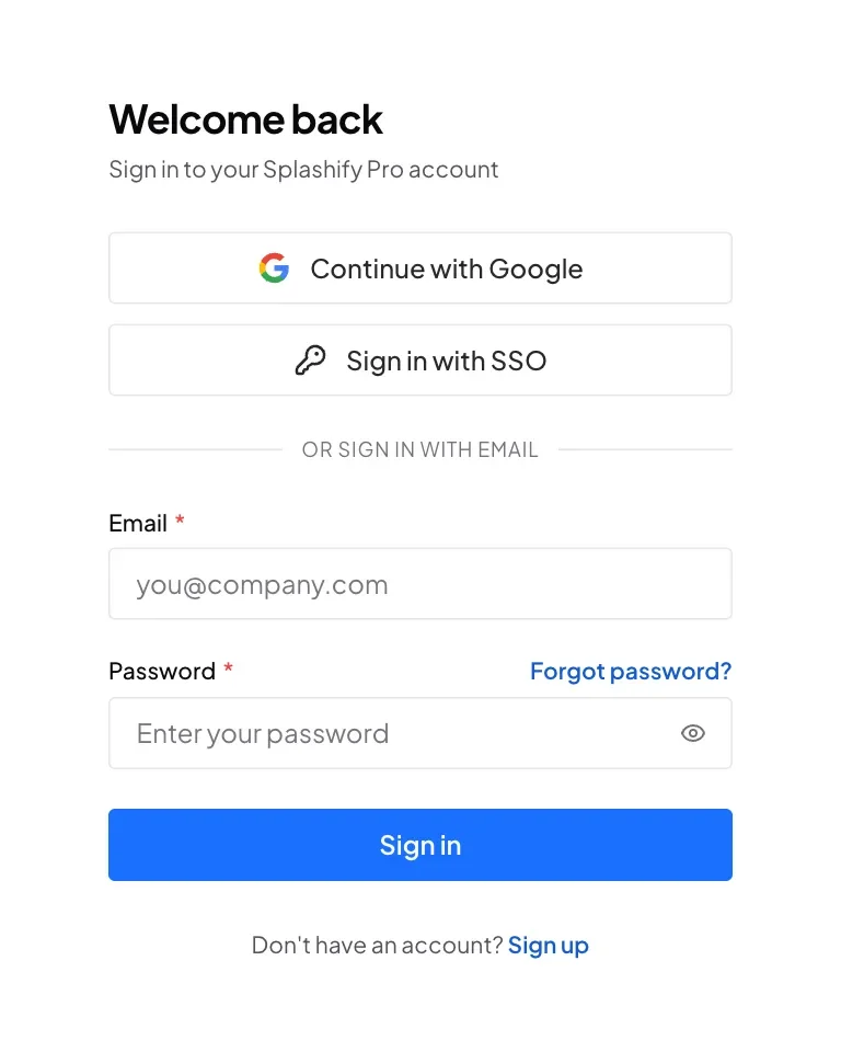 The Welcome back sign-in page with Continue with Google, Sign in with SSO, and the email and password boxes