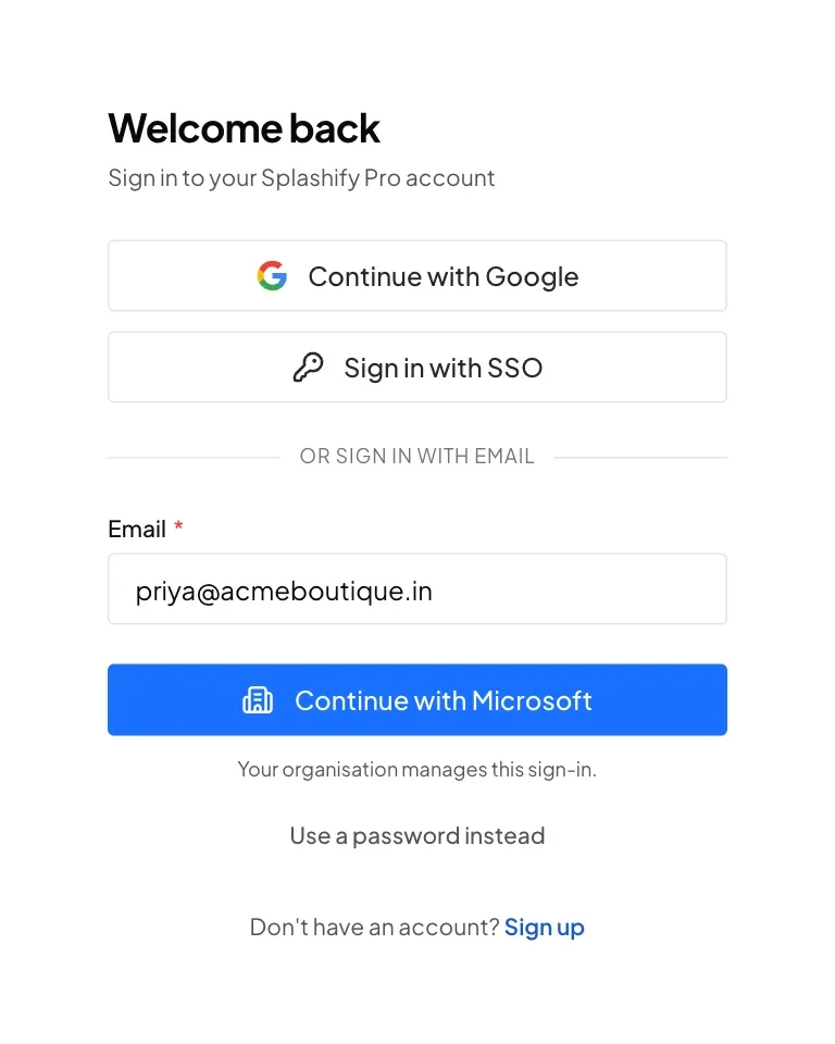 The sign-in page with priya@acmeboutique.in typed in and a Continue with Microsoft button, with Use a password instead below it