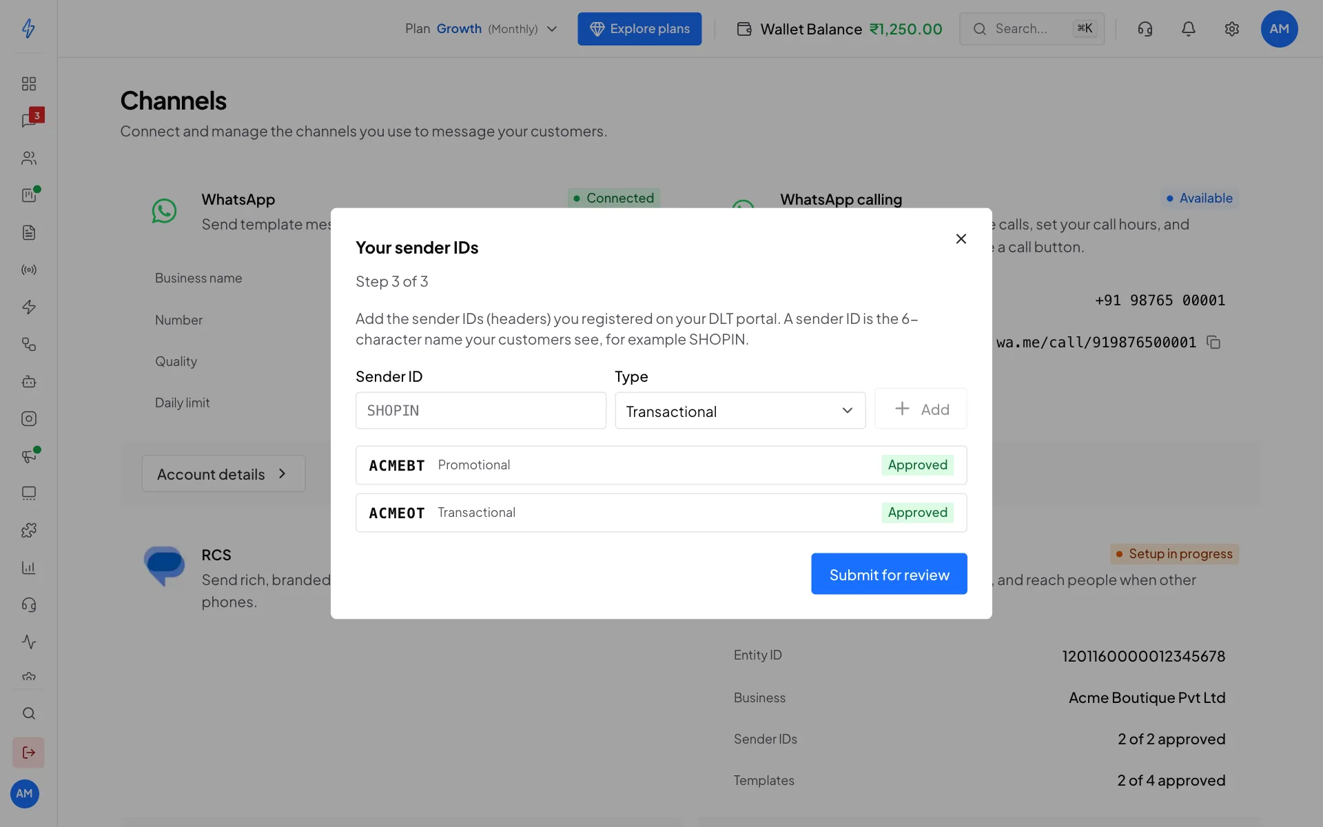 Step 3 of the SMS setup with a Sender ID box, a Type list and an Add button, and two sender IDs ACMEBT and ACMEOT in the list, both marked Approved