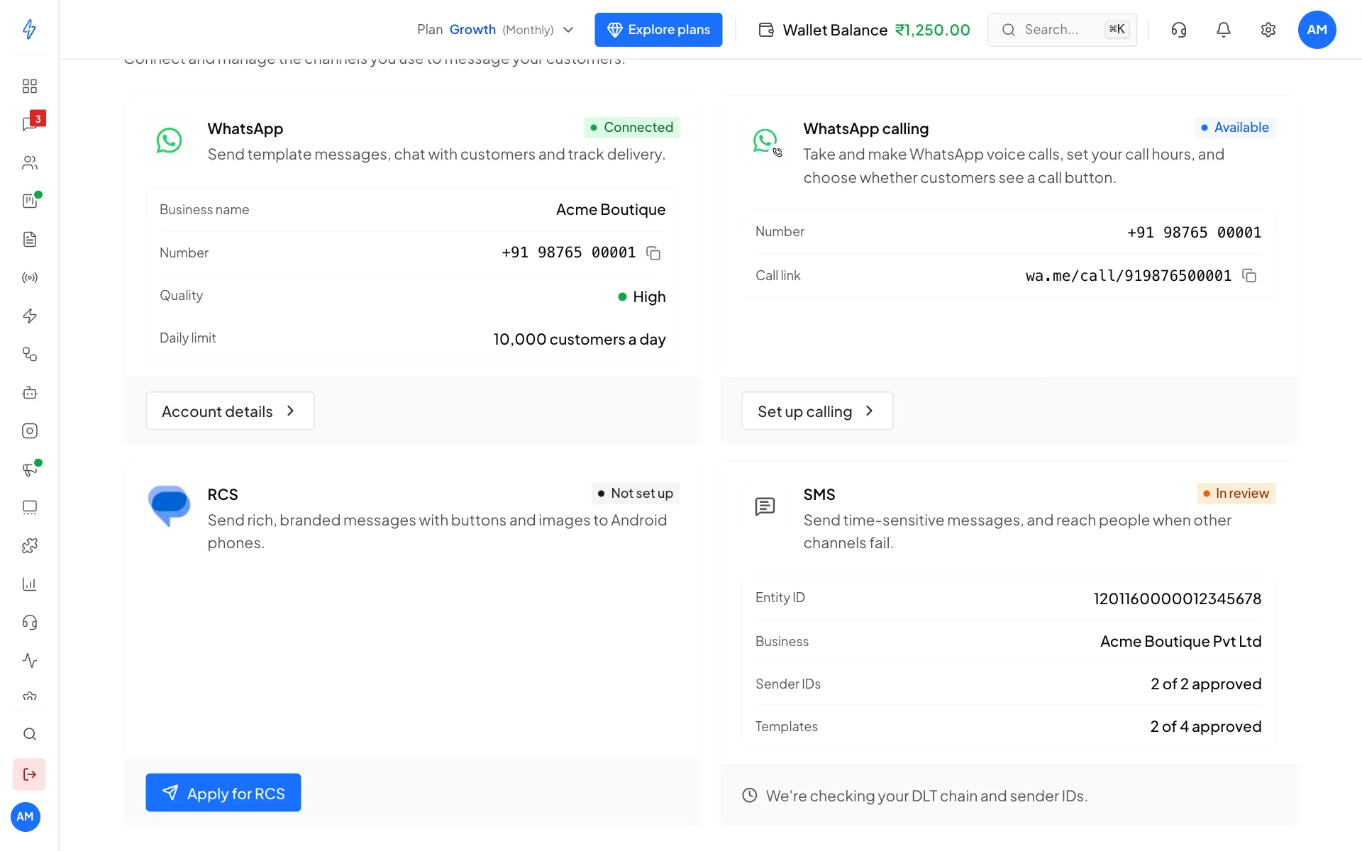 The SMS card showing In review, with the Entity ID, business name, 2 of 2 sender IDs approved, 2 of 4 templates approved and We're checking your DLT chain and sender IDs