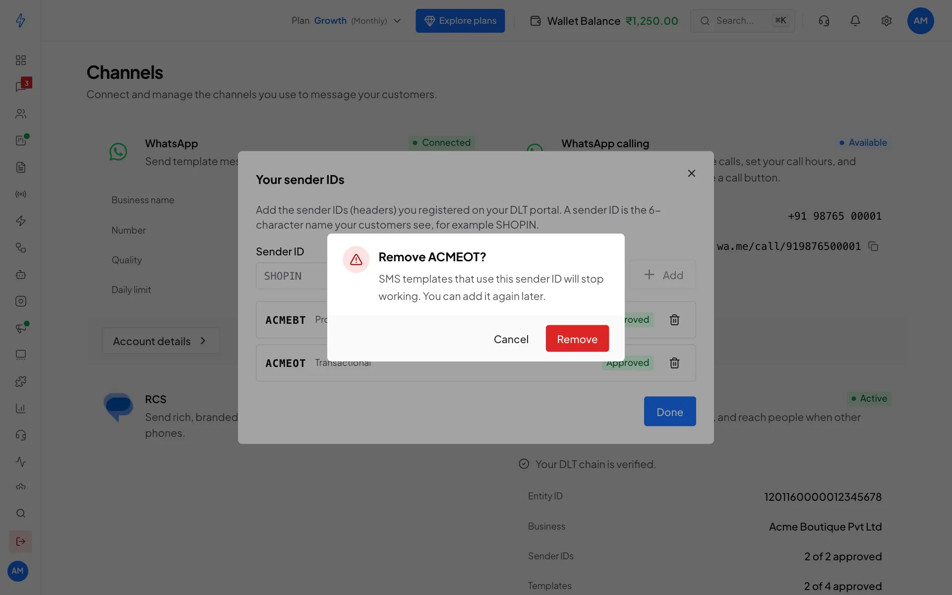 The Your sender IDs window with a Remove ACMEOT confirmation that says templates using it will stop working