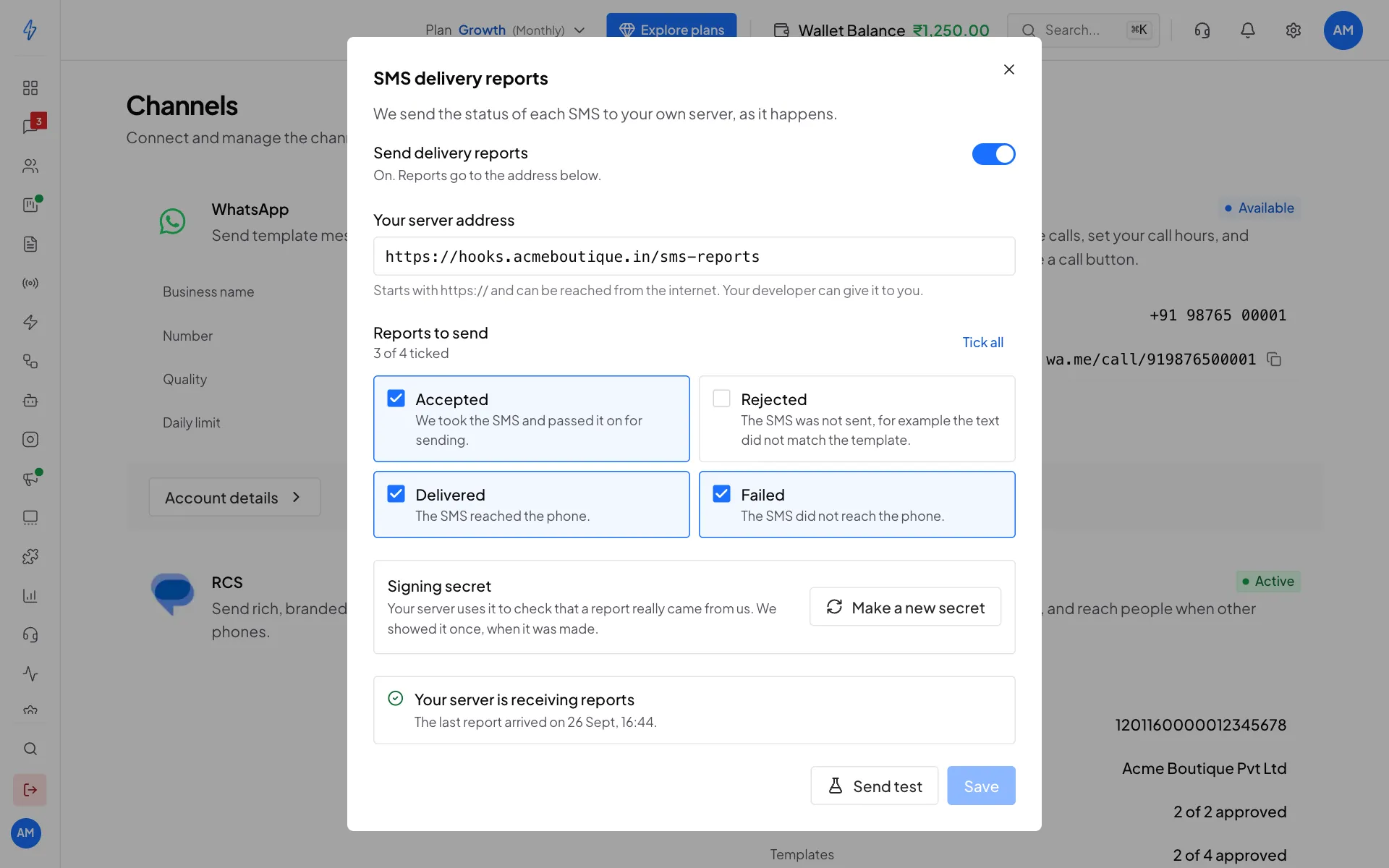 The SMS delivery reports window with reports switched on, a server address, Accepted, Delivered and Failed ticked, the signing secret and a message that the server is receiving reports