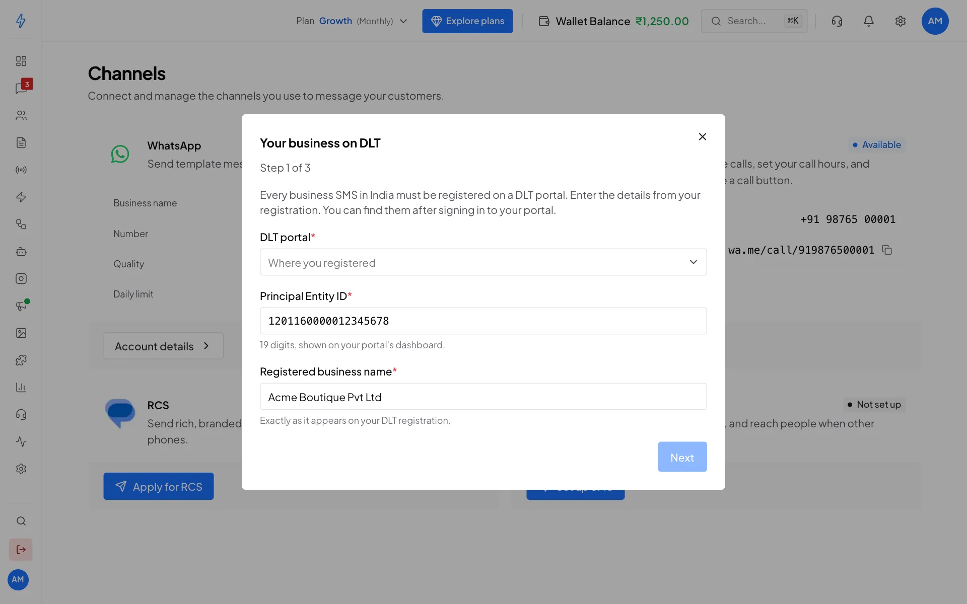 Step 1 of the SMS setup with DLT portal, Principal Entity ID and Registered business name