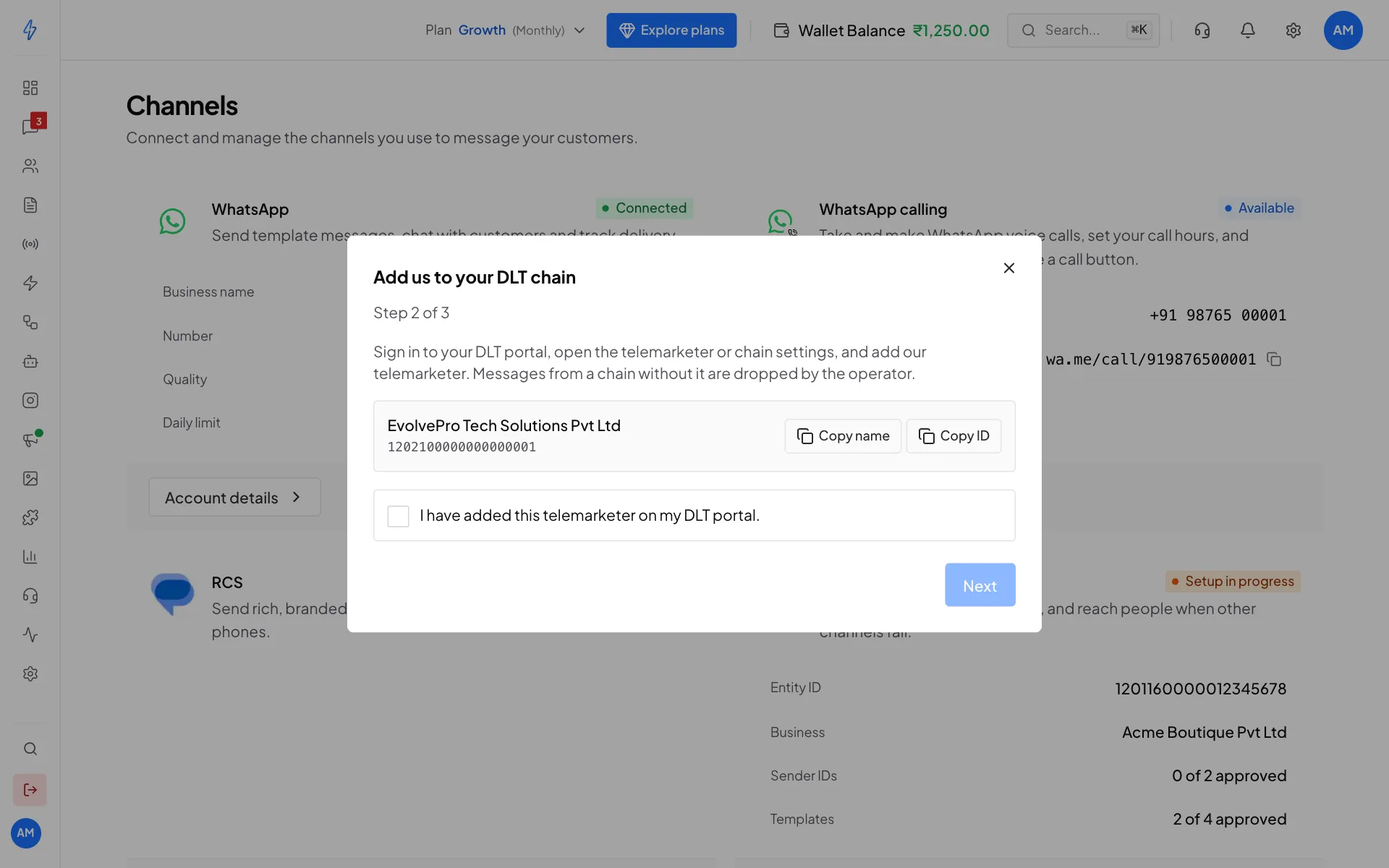 Step 2 of the SMS setup showing our telemarketer's name and ID with Copy name and Copy ID buttons, and a tick box