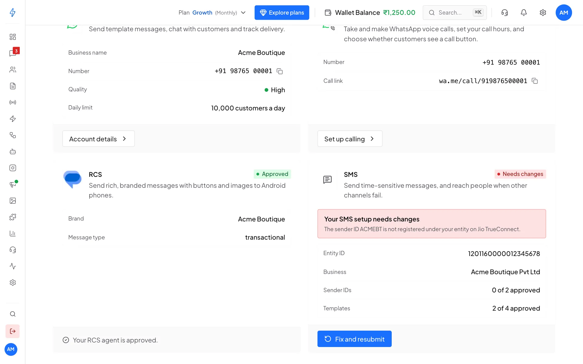 The SMS card showing Needs changes, a red box saying the sender ID ACMEBT is not registered under your entity, and a Fix and resubmit button