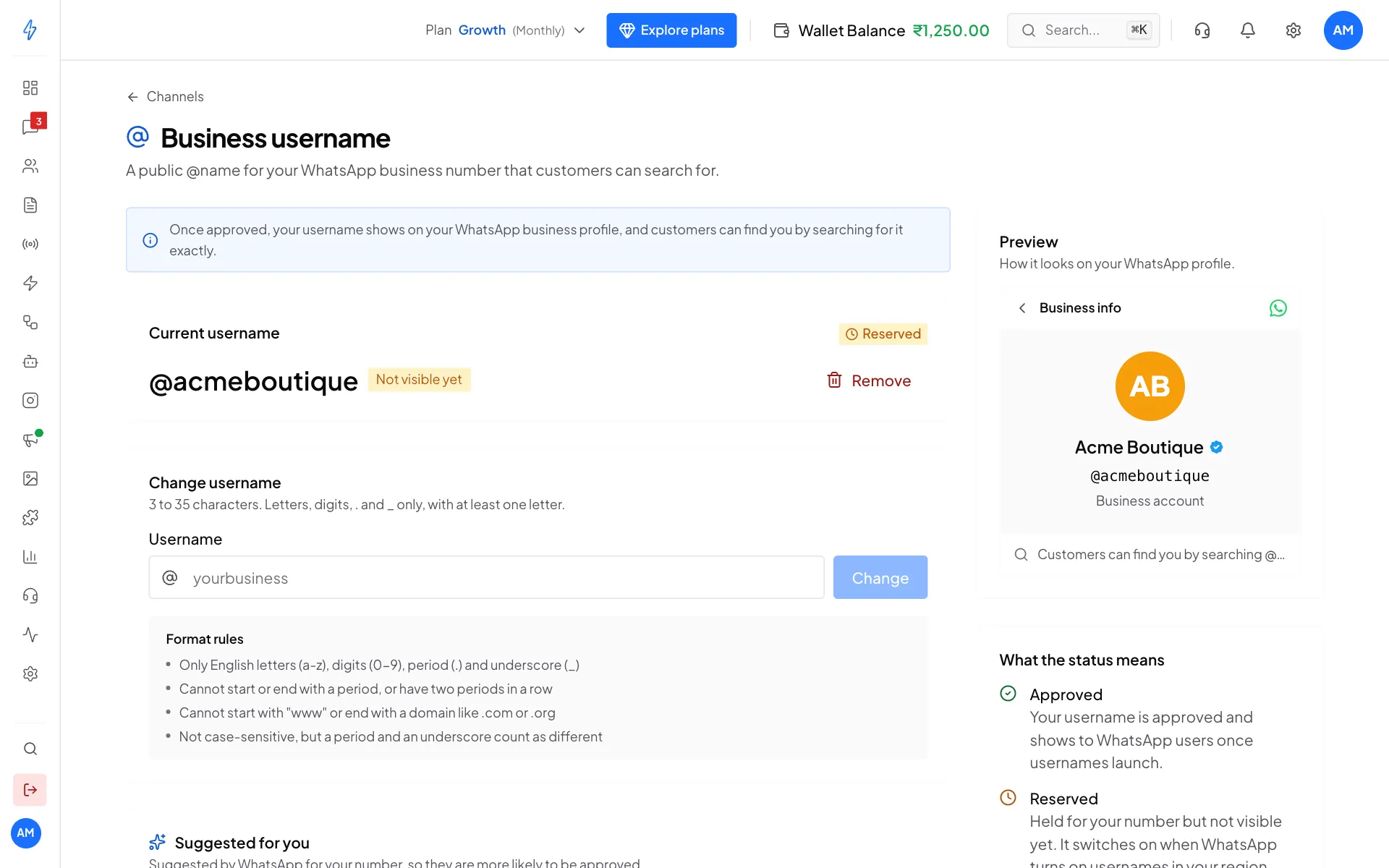 The Business username page with the current username @acmeboutique marked Reserved and Not visible yet, a box to change it, and a preview of the WhatsApp profile