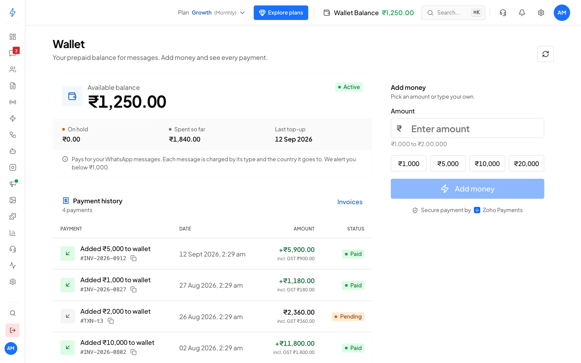 The Wallet page with the balance and payment history