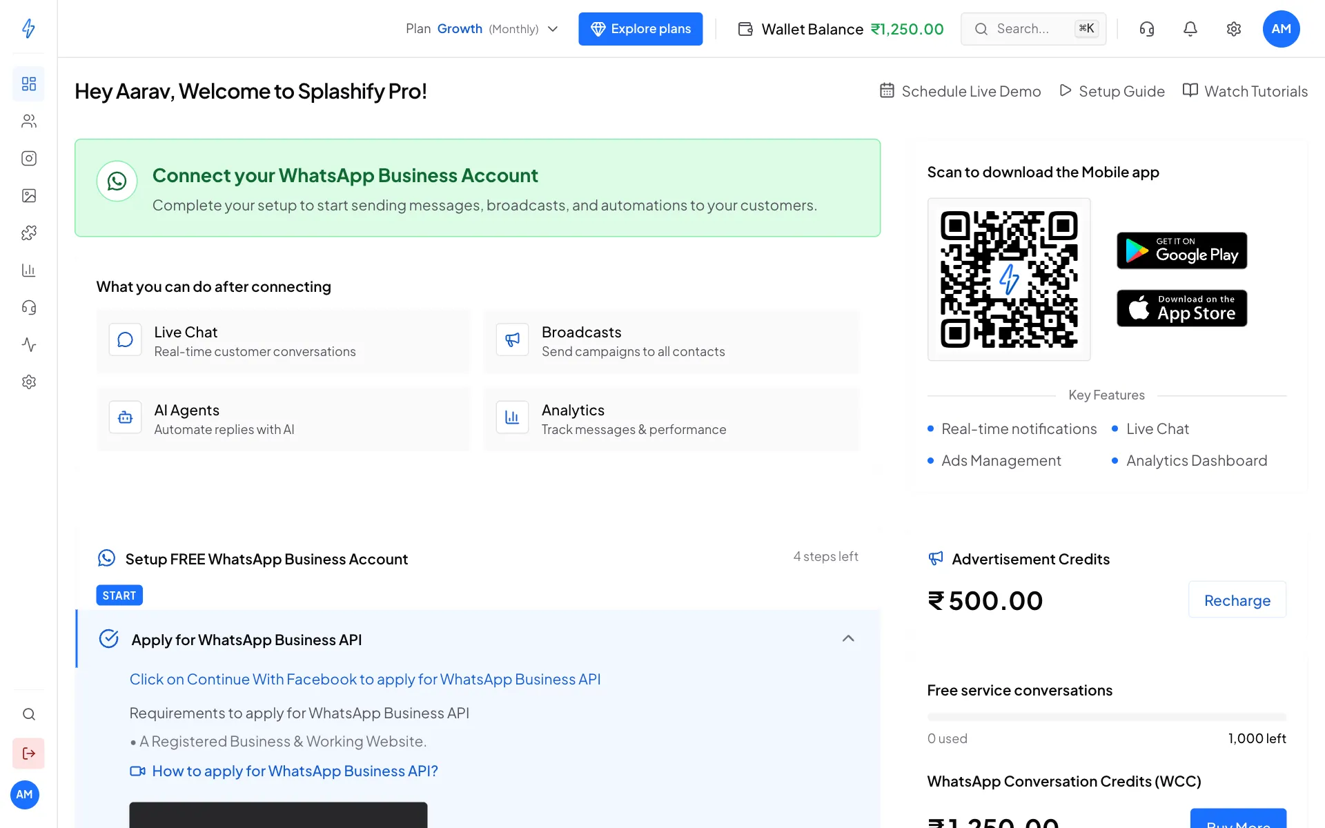 The dashboard before WhatsApp is connected, with the Connect your WhatsApp Business Account box